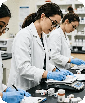 Profissionais de laboratório analisando amostras com jalecos e luvas