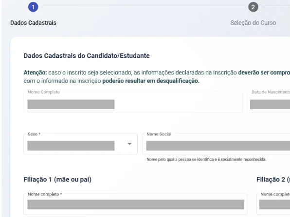 Print do portal, passo 2: Formulário Dados cadastrais do candidato