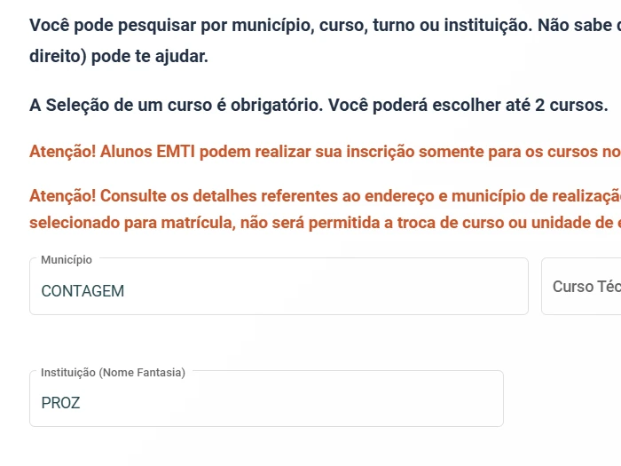 Print do portal, passo 3: Seleção do curso com campos Município, Curso técnico e Instituição