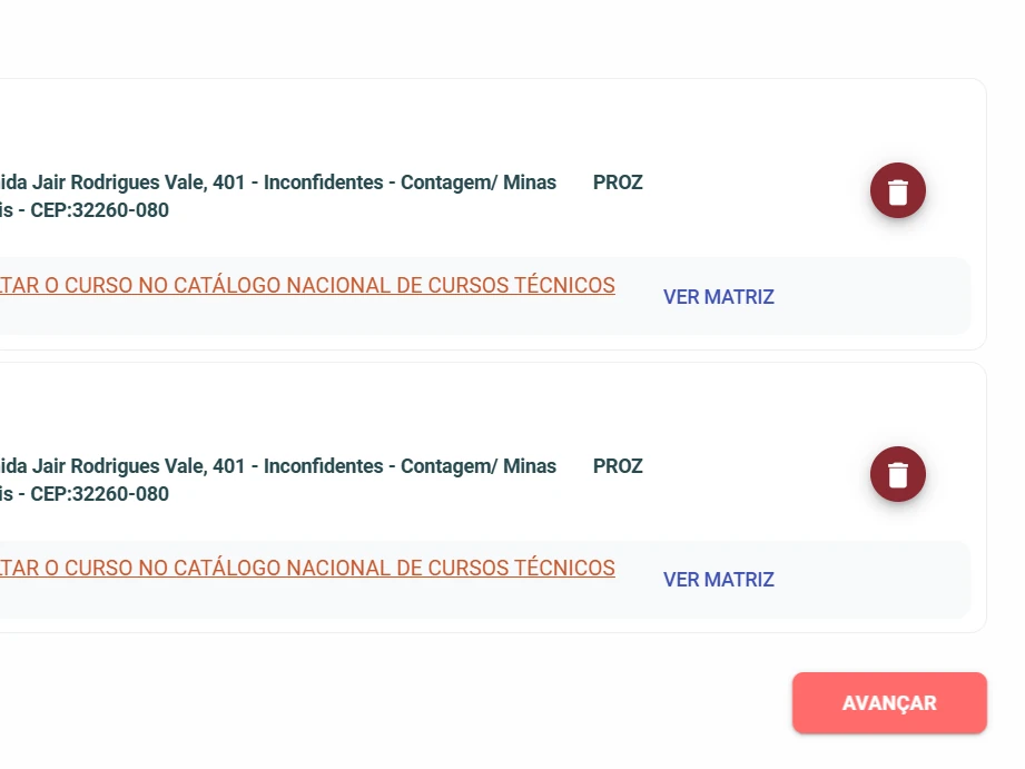 Print do portal, passo 4: lista dos dois cursos escolhidos e botão Avançar