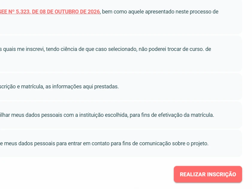 Print do portal, passo 5: Declarações e botão Realizar inscrição